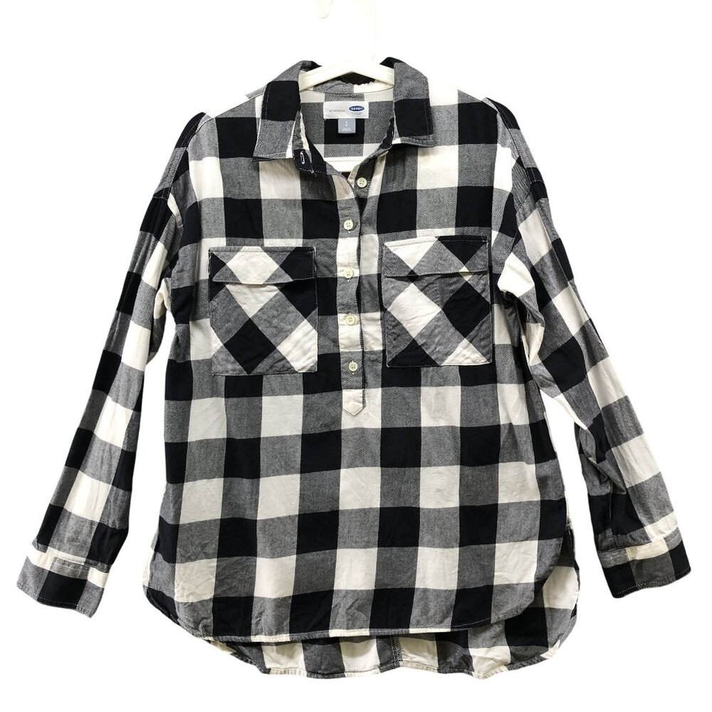 Old Navy Boyfriend Flannel Popover Shirt Womens S‎ Black White Check Plaid